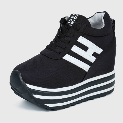 Thick Bottom Muffin Platform Laces Up Sneakers - Black image