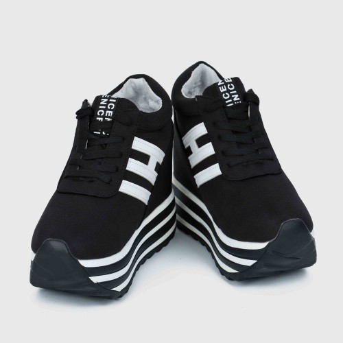 Thick Bottom Muffin Platform Laces Up Sneakers - Black image
