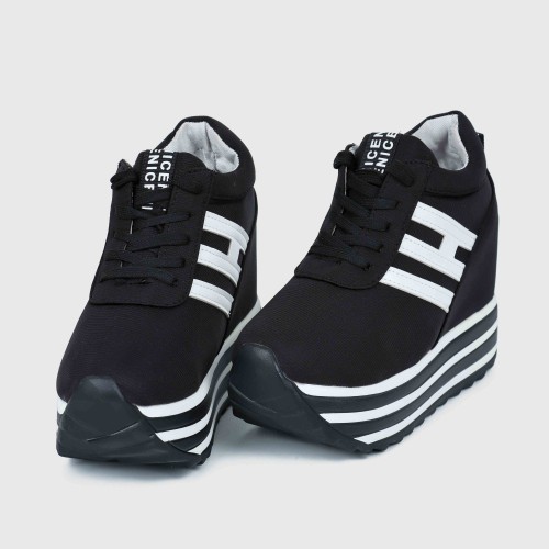 Thick Bottom Muffin Platform Laces Up Sneakers - Black image