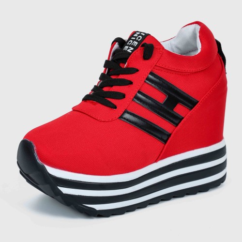 Thick Bottom Muffin Platform Laces Up Sneakers - Red image