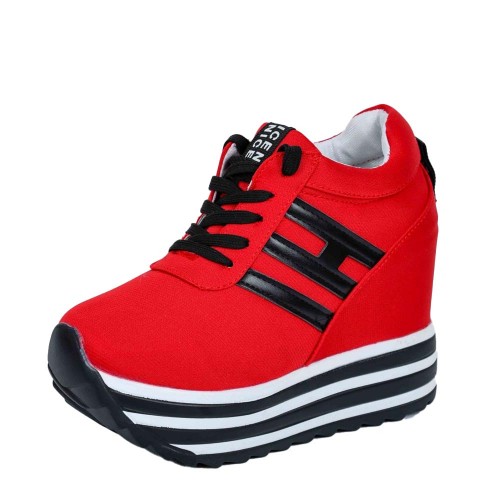 Thick Bottom Muffin Platform Laces Up Sneakers - Red image
