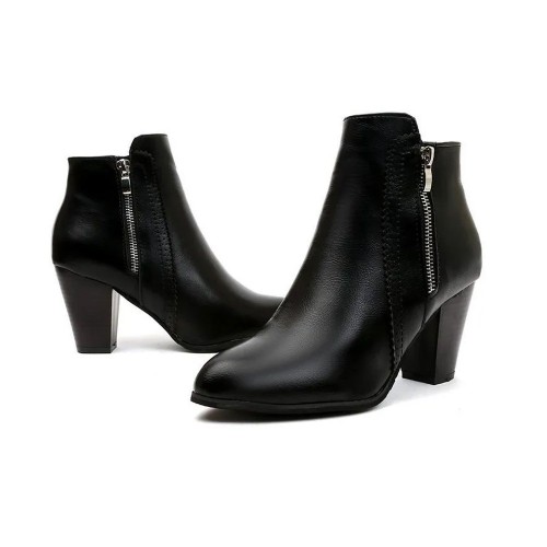 Side Zipper Vintage Block Heel Leather Boots - Black image