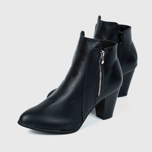 Side Zipper Vintage Block Heel Leather Boots - Black image