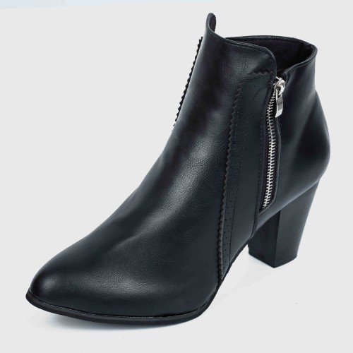 Side Zipper Vintage Block Heel Leather Boots - Black image