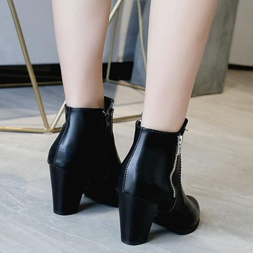 Side Zipper Vintage Block Heel Leather Boots - Black image