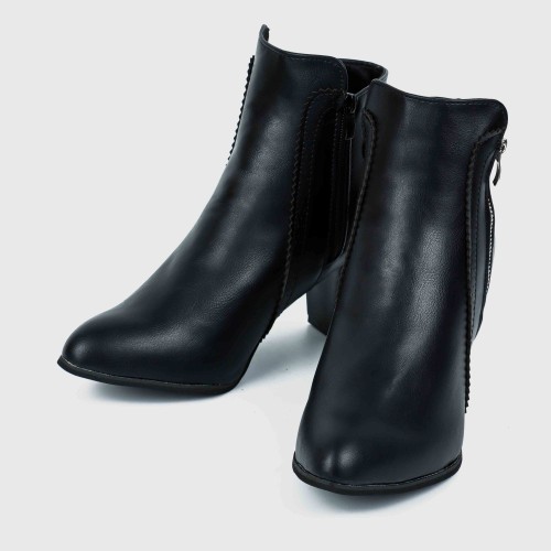 Side Zipper Vintage Block Heel Leather Boots - Black image