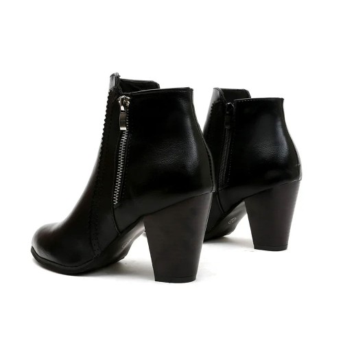 Side Zipper Vintage Block Heel Leather Boots - Black image