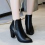 Side Zipper Vintage Block Heel Leather Boots - Black