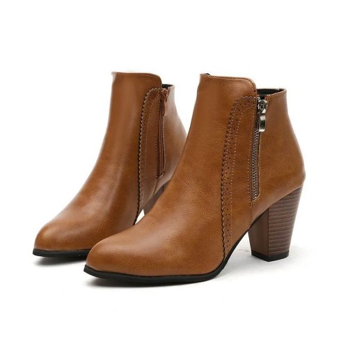 Side Zipper Vintage Block Heel Leather Boots - Brown image