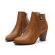 Side Zipper Vintage Block Heel Leather Boots - Brown image