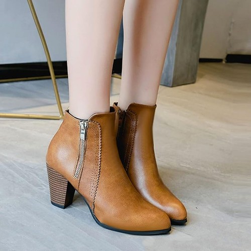 Side Zipper Vintage Block Heel Leather Boots - Brown image