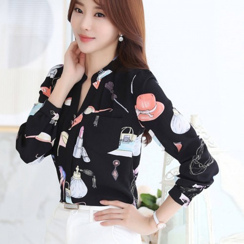 Long Sleeved Printing Design Chiffon Lady Tops - Black