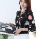 Long Sleeved Printing Design Chiffon Lady Tops - Black
