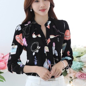 Long Sleeved Printing Design Chiffon Lady Tops - Black