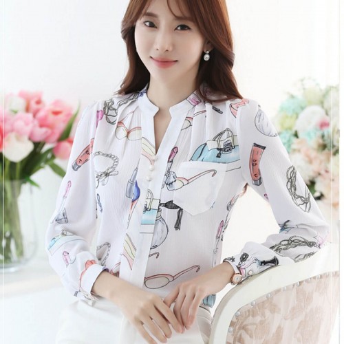 Long Sleeved Printing Design Chiffon Lady Tops - White