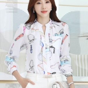 Long Sleeved Printing Design Chiffon Lady Tops - White