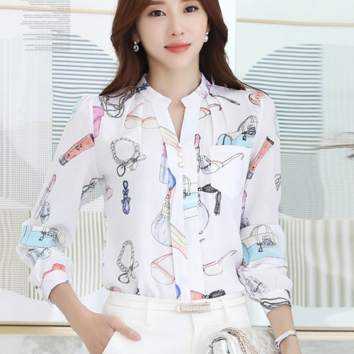 Long Sleeved Printing Design Chiffon Lady Tops - White
