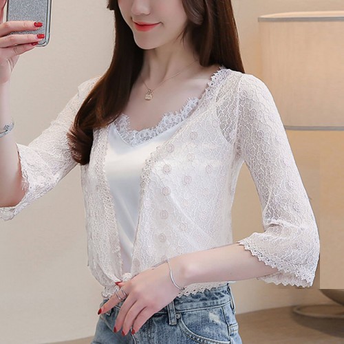 Flounce Floral Lace Short Sleeve Mini Cardigan Shrug - White