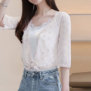 Flounce Floral Lace Short Sleeve Mini Cardigan Shrug - White