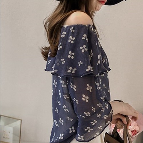 Delicate Off Shoulder floral chiffon blouse - Black image