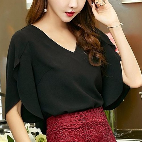 Women's Loose Butterfly Sleeves V-neck Casual Shirt - Black
