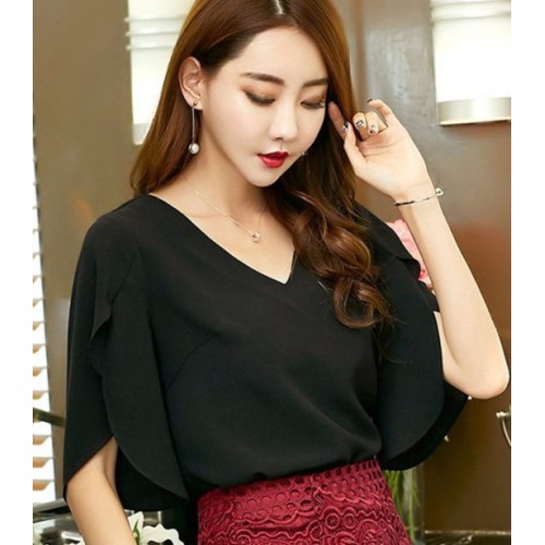 Women's Loose Butterfly Sleeves V-neck Casual Shirt - Black