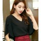 Women's Loose Butterfly Sleeves V-neck Casual Shirt - Black