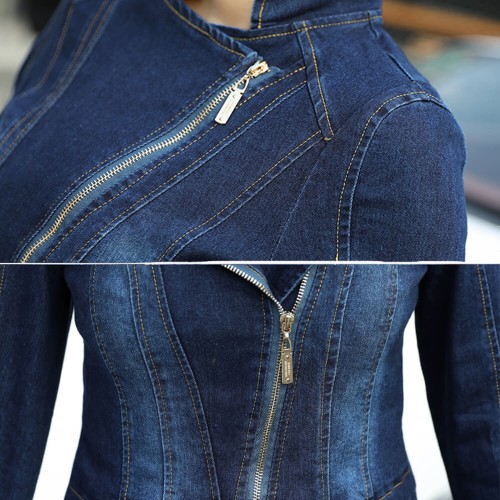 Female Blue Denim Zipper Jacket With Skirt - Blue image