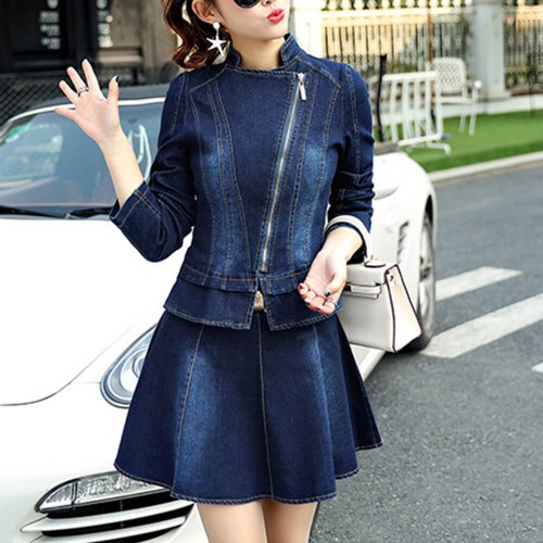 Female Blue Denim Zipper Jacket With Skirt - Blue image
