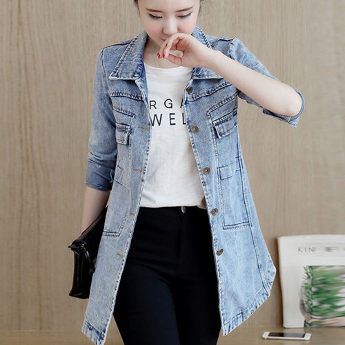 Mid Length Casual jeans Button Denim Jacket Top - Blue