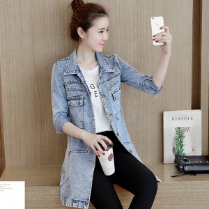 Mid Length Casual jeans Button Denim Jacket Top - Blue