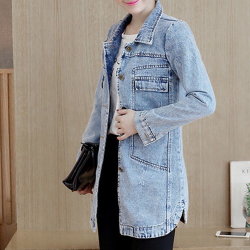 Mid Length Casual jeans Button Denim Jacket Top - Blue