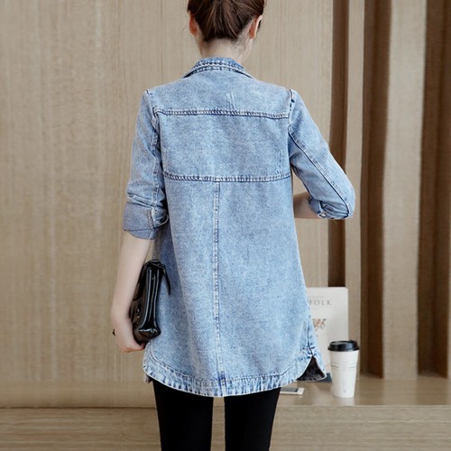 Mid Length Casual jeans Button Denim Jacket Top - Blue