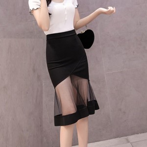 Fishtail Stretch Mesh Knee Length Mermaid Skirt - Black
