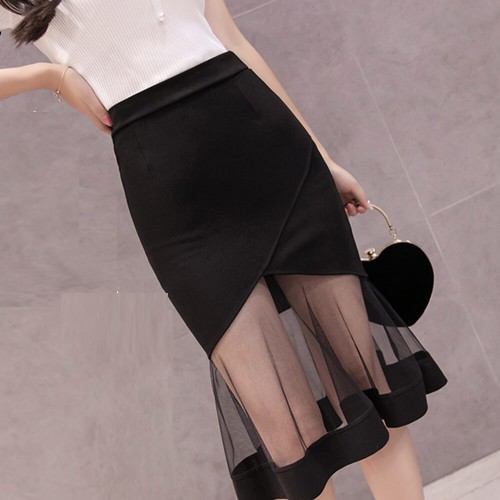 Fishtail Stretch Mesh Knee Length Mermaid Skirt - Black image