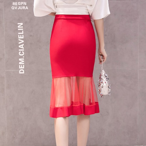 Fishtail Stretch Mesh Knee Length Mermaid Skirt - Red image