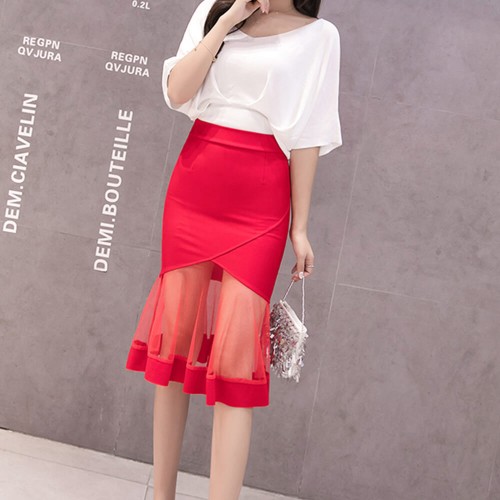 Fishtail Stretch Mesh Knee Length Mermaid Skirt - Red image
