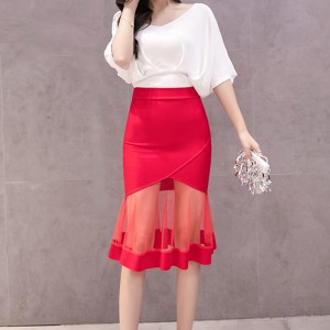 Fishtail Stretch Mesh Knee Length Mermaid Skirt - Red