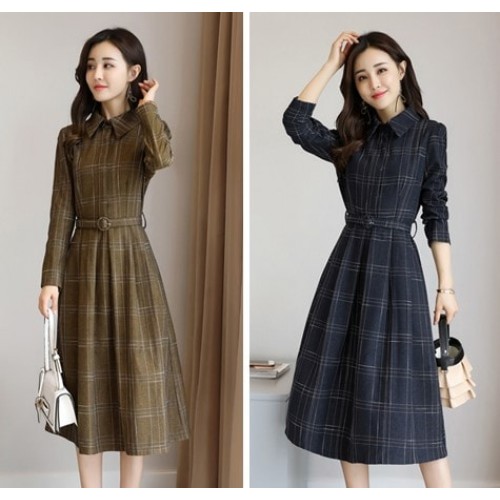 Collar Acetate Long Sleeve A-line Midi Dress - Brown image