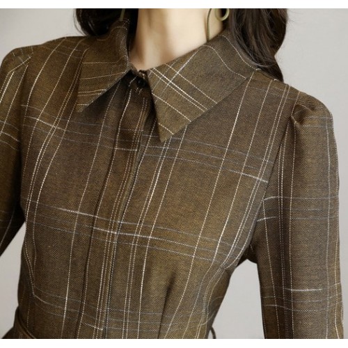 Collar Acetate Long Sleeve A-line Midi Dress - Brown image