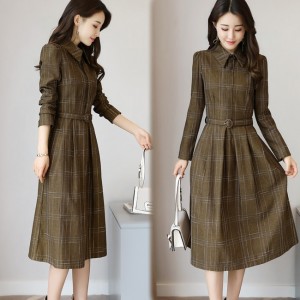 Collar Acetate Long Sleeve A-line Midi Dress - Brown