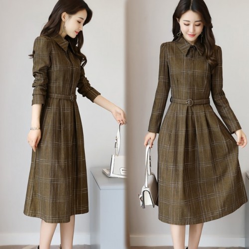 Collar Acetate Long Sleeve A-line Midi Dress - Brown image