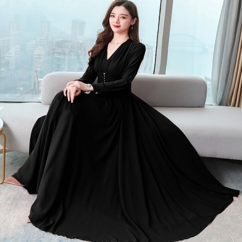 Thin Waist Chiffon Long-Sleeved Maxi Dress 