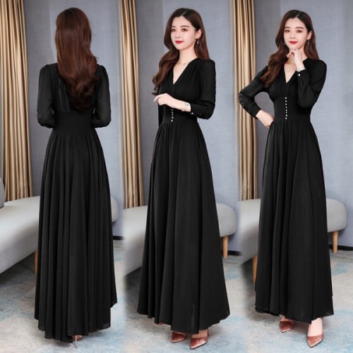 Thin Waist Chiffon Long-Sleeved Maxi Dress 