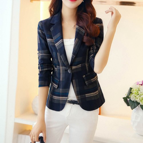 Blue Green Plaided Slim Blazer Wome Jacket - Beige image