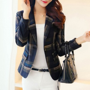 Blue Green Plaided Slim Blazer Wome Jacket - Beige