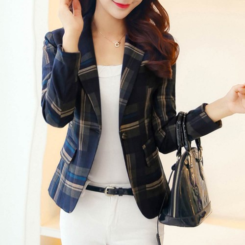 Blue Green Plaided Slim Blazer Wome Jacket - Beige image