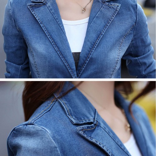 Women Notch Elegant 1 Button Denim Jacket - Blue image