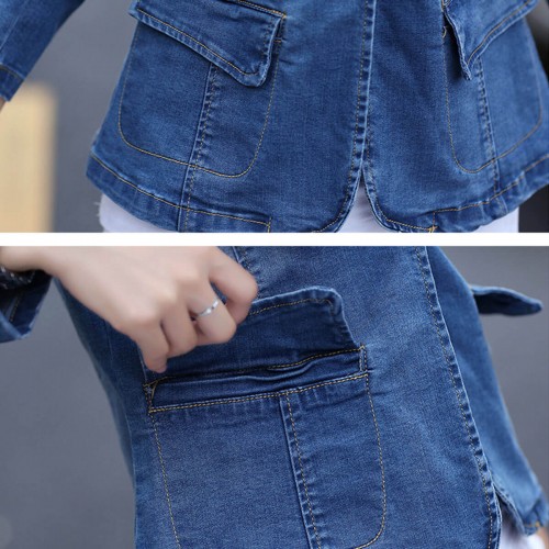Women Notch Elegant 1 Button Denim Jacket - Blue image