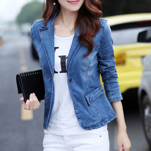 Women Notch Elegant 1 Button Denim Jacket - Blue image
